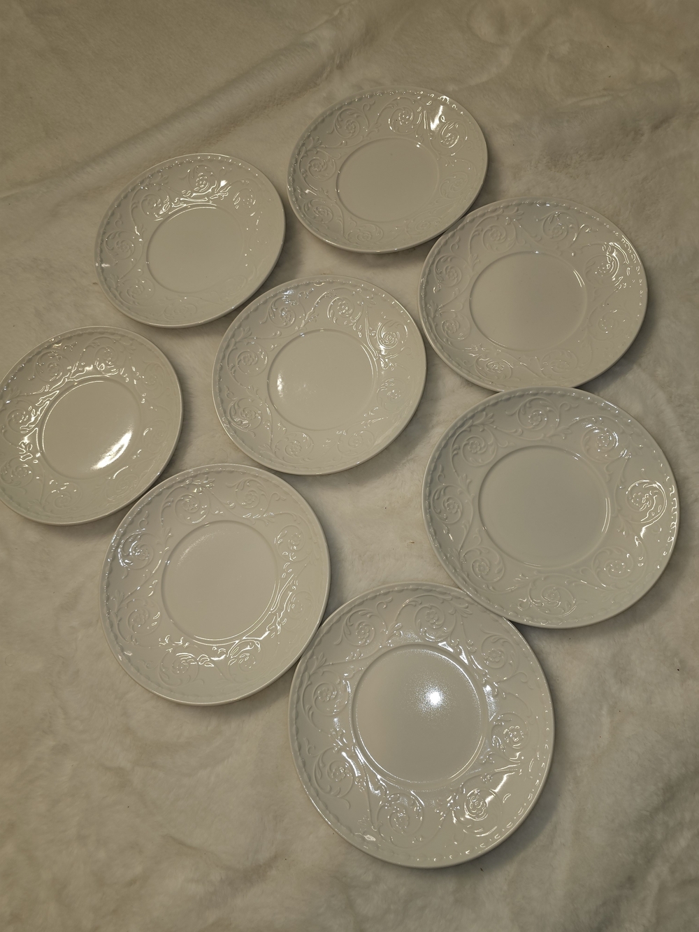 Mikasa Park Lane White Scroll Embossed 6.75" Saucers ( Set  Of 8 )